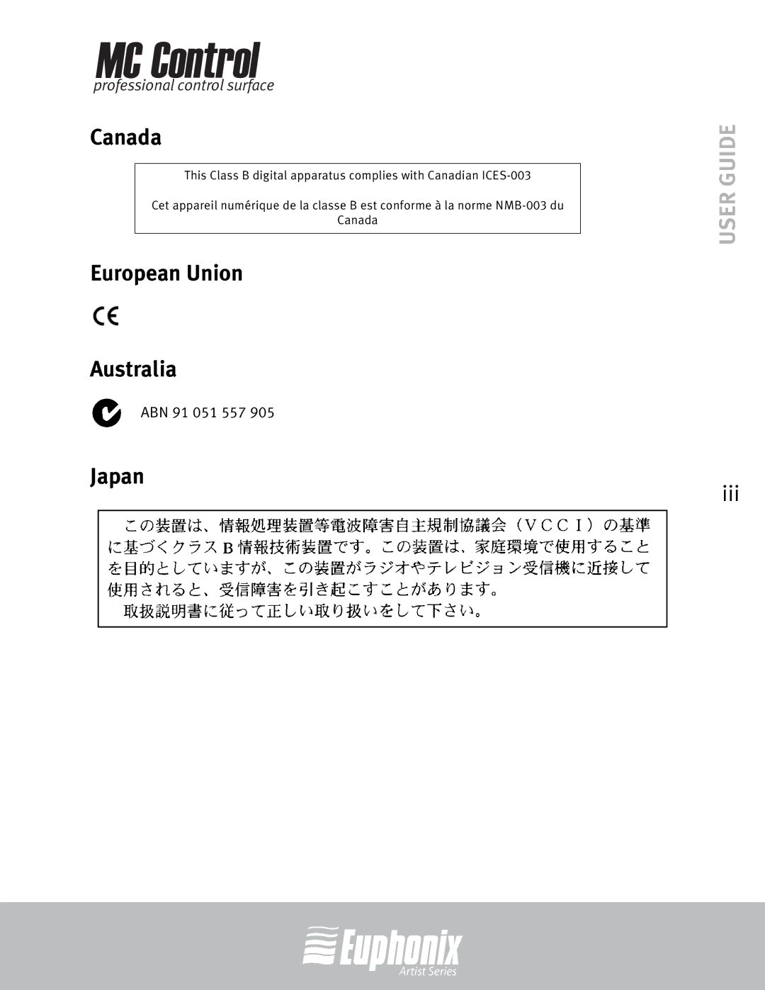 Euphonix MC Control manual Canada, European Union Australia, Japan 