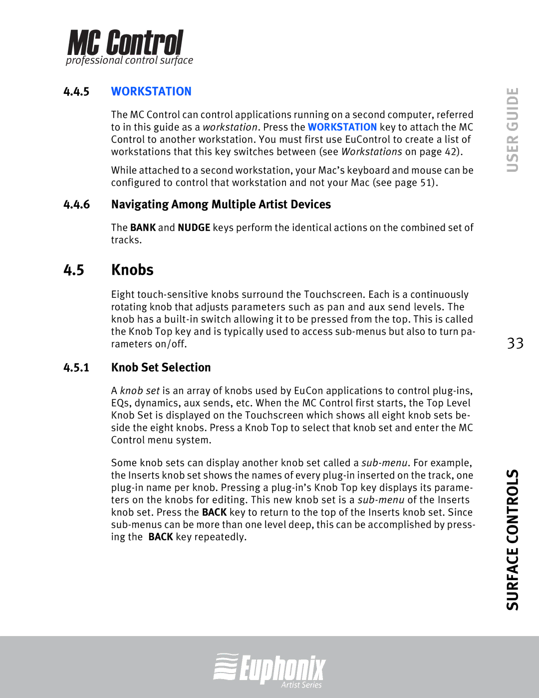 Euphonix MC Control manual Knobs, Navigating Among Multiple Artist Devices, Knob Set Selection 