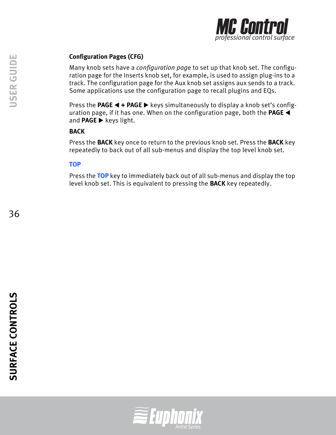 Euphonix MC Control manual Configuration Pages CFG, Back 