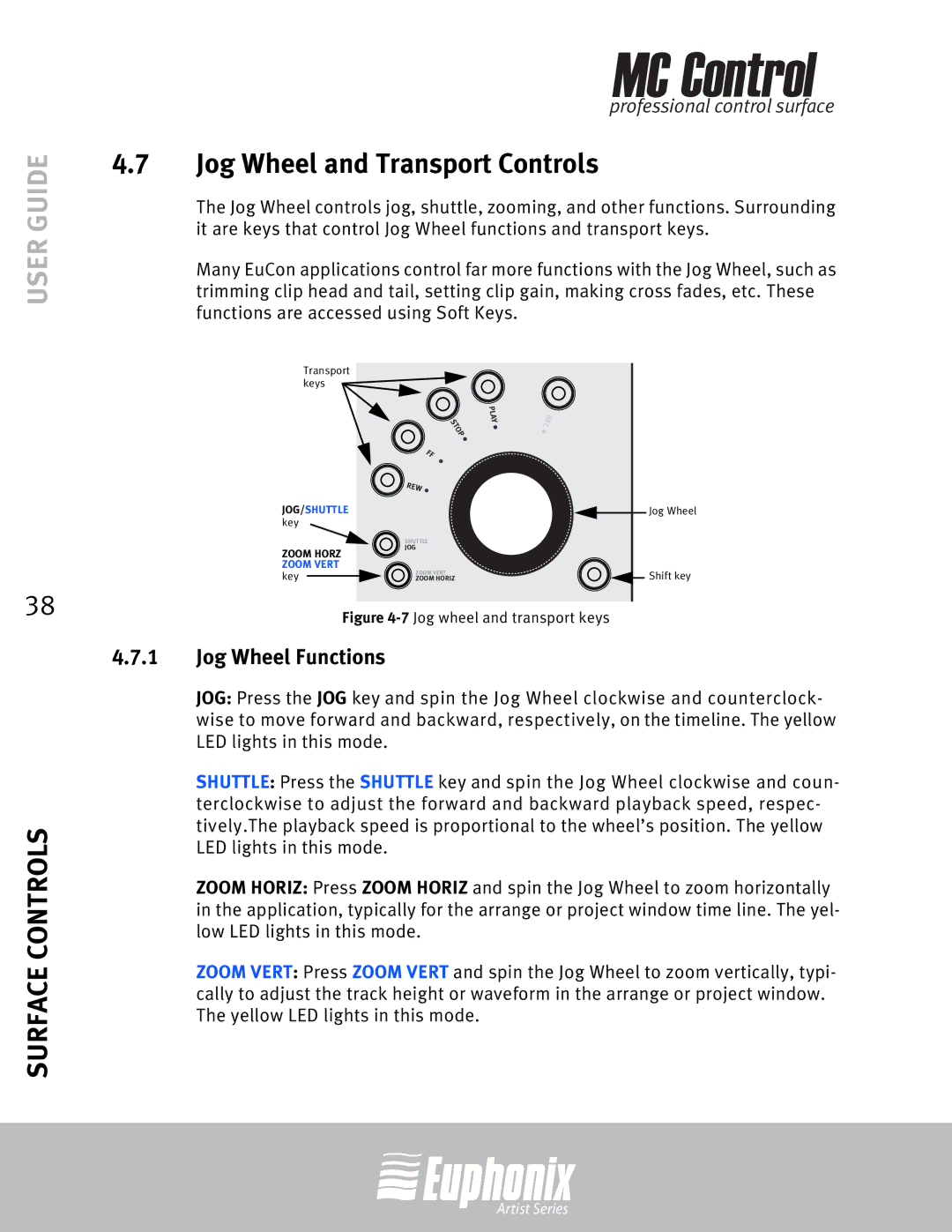 Euphonix MC Control manual Jog Wheel and Transport Controls, Jog Wheel Functions 