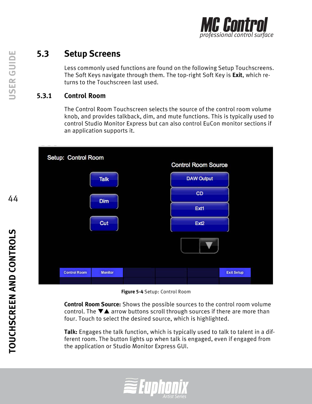 Euphonix MC Control manual Setup Screens, Control Room 