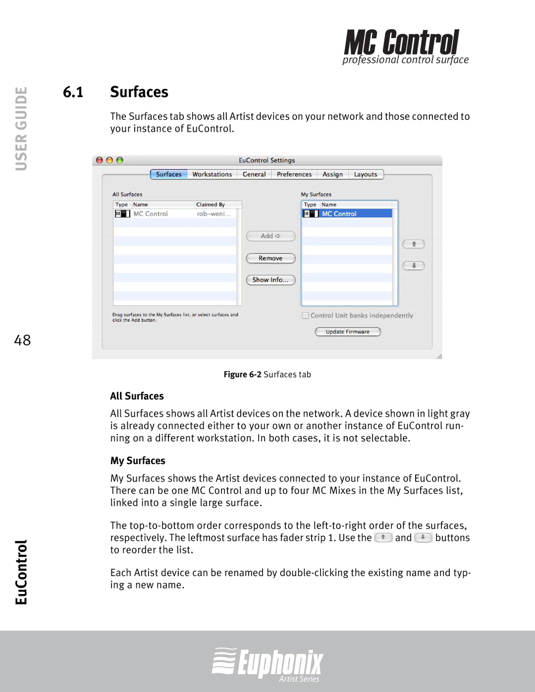 Euphonix MC Control manual All Surfaces, My Surfaces 