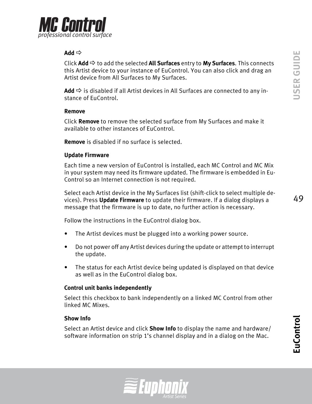 Euphonix MC Control manual Add B, Remove, Update Firmware, Control unit banks independently, Show Info 