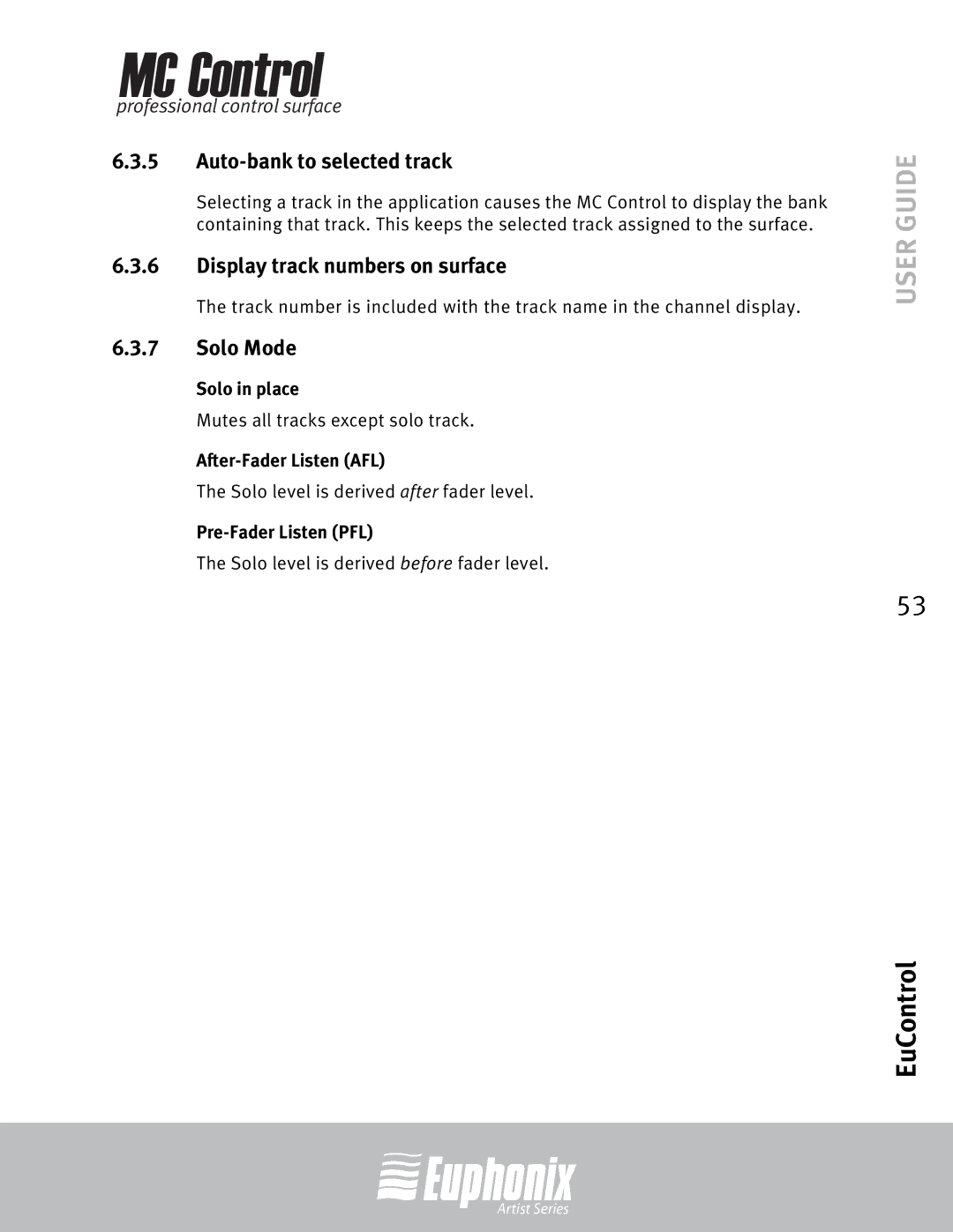 Euphonix MC Control manual Auto-bank to selected track, Display track numbers on surface, Solo Mode 