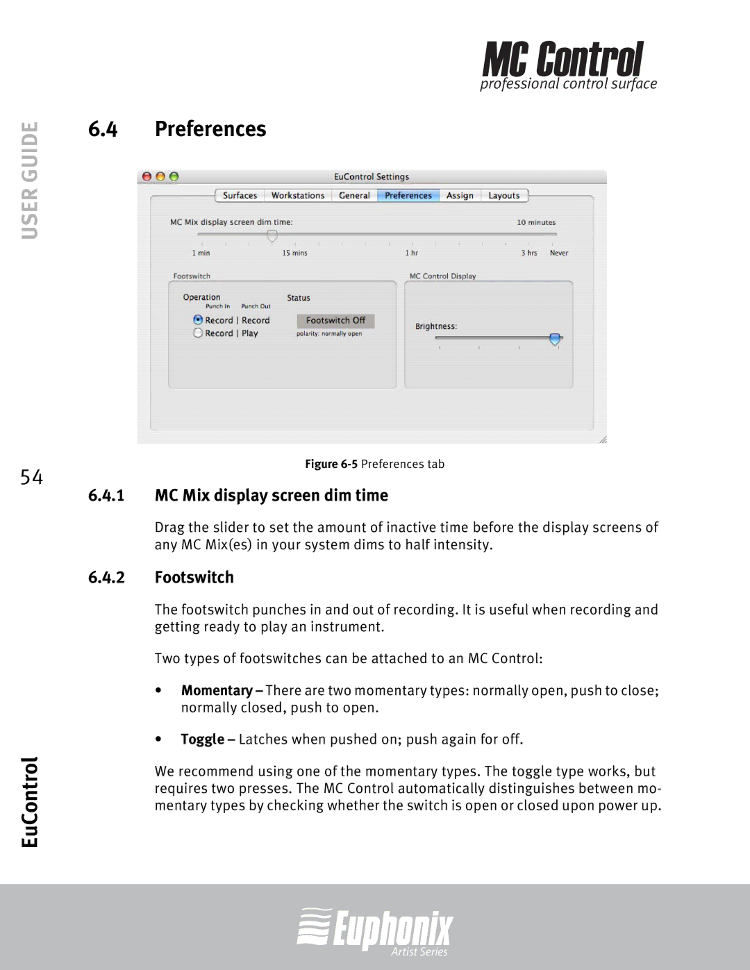 Euphonix MC Control manual Preferences, MC Mix display screen dim time, Footswitch 