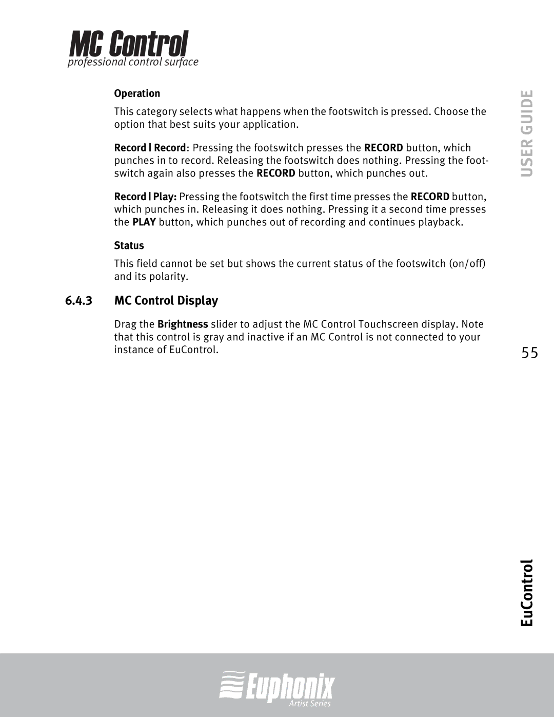 Euphonix manual MC Control Display, Operation, Status 