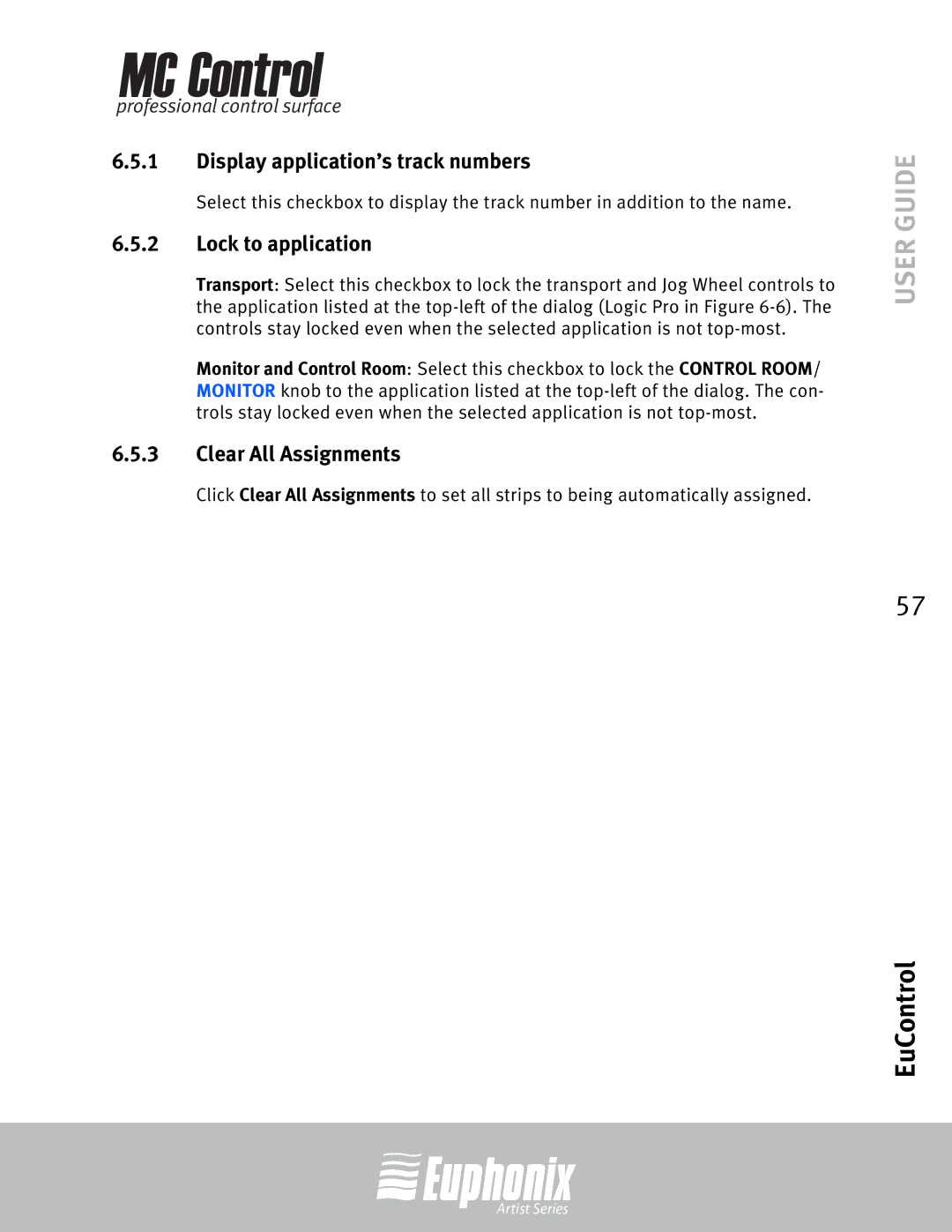 Euphonix MC Control manual Display application’s track numbers, Lock to application, Clear All Assignments 