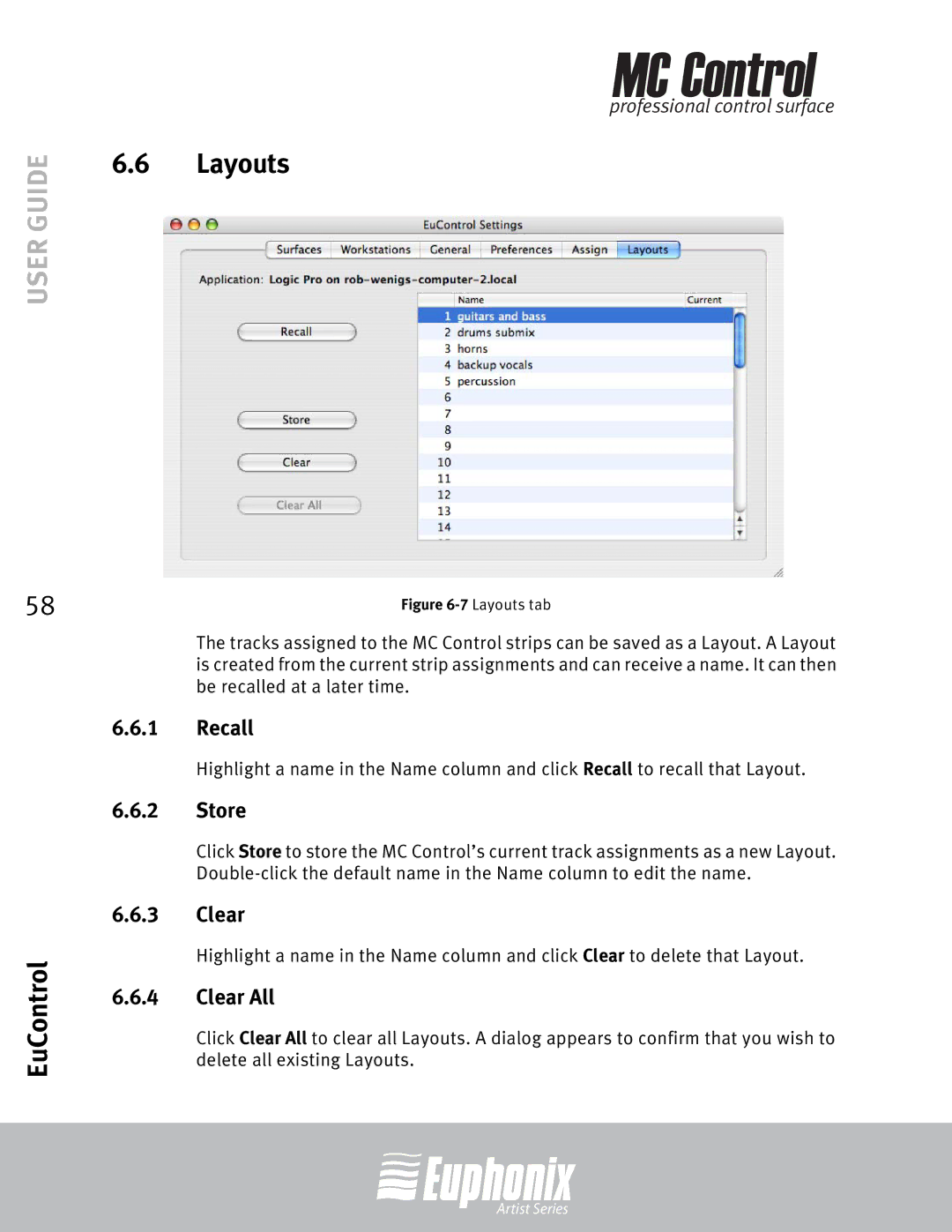 Euphonix MC Control manual Layouts, Recall, Store, Clear All 