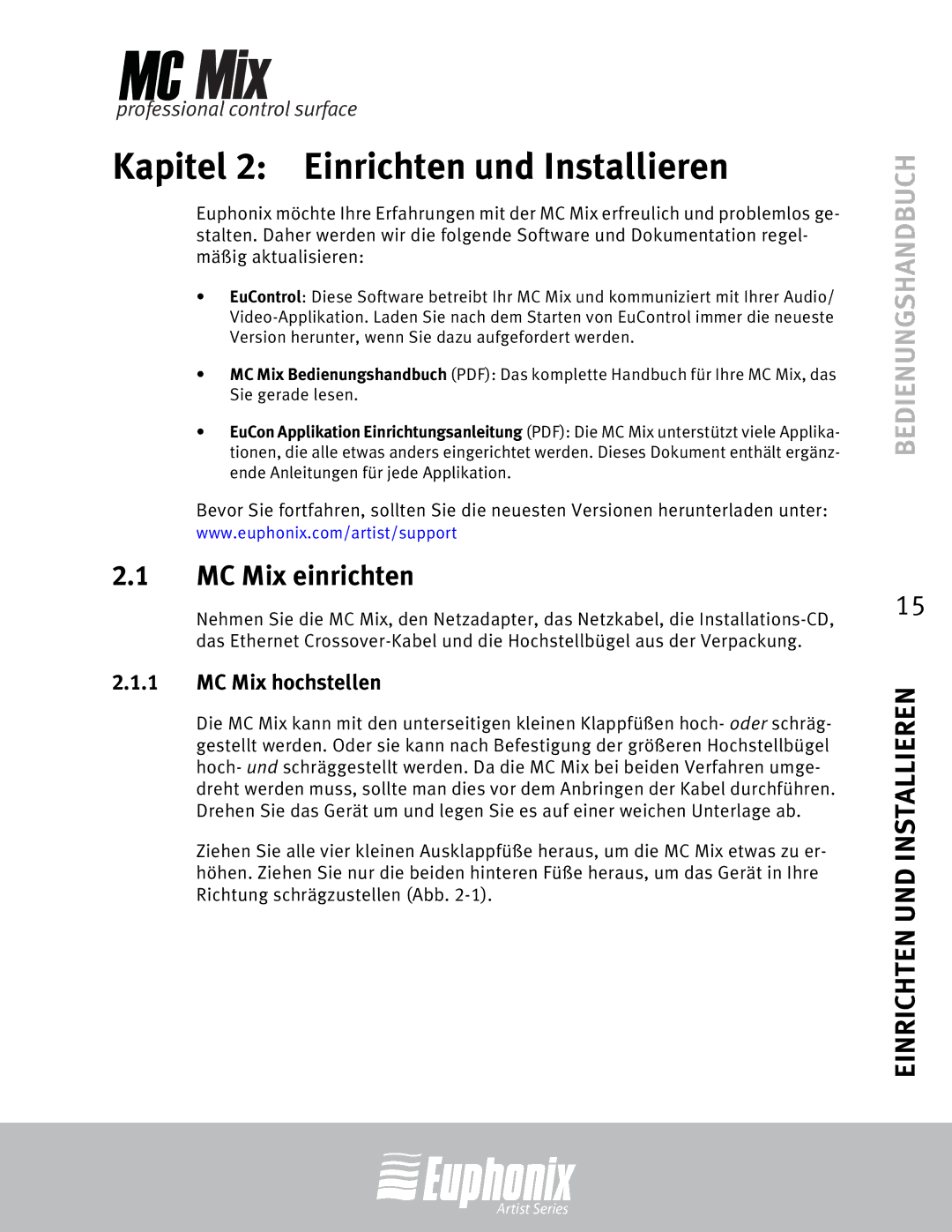 Euphonix manual MC Mix einrichten, MC Mix hochstellen 