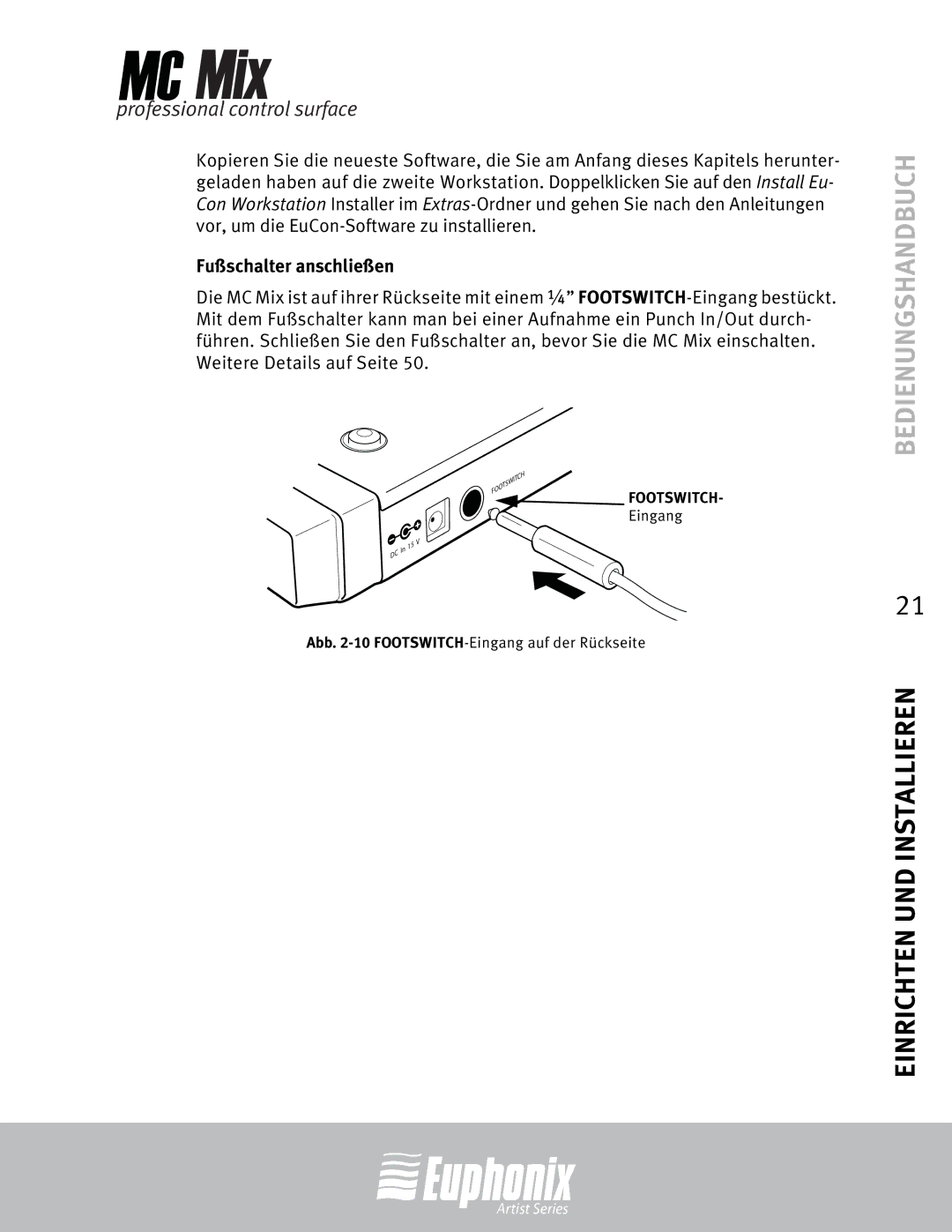 Euphonix MC Mix manual Fußschalter anschließen 