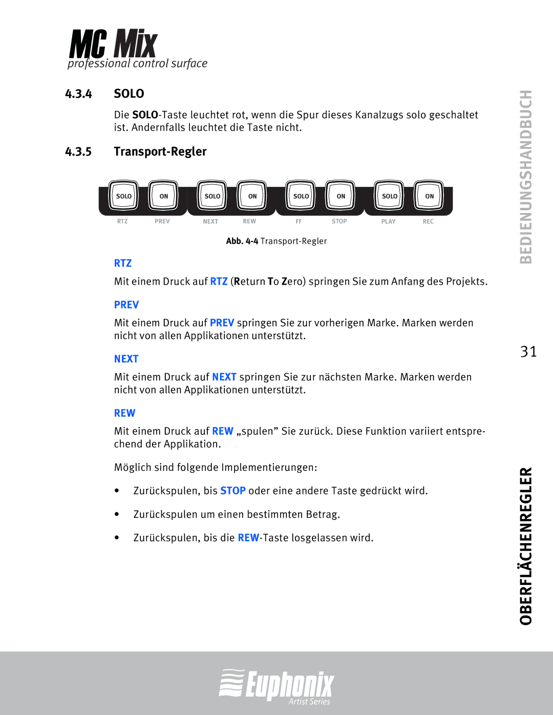 Euphonix MC Mix manual Solo, Transport-Regler 