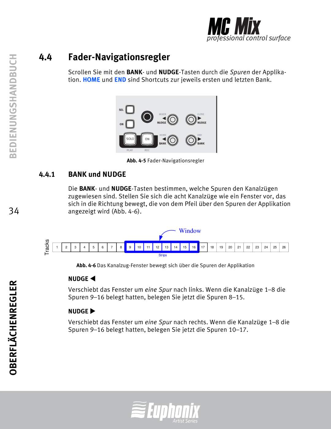 Euphonix MC Mix manual Fader-Navigationsregler, Bank und Nudge 