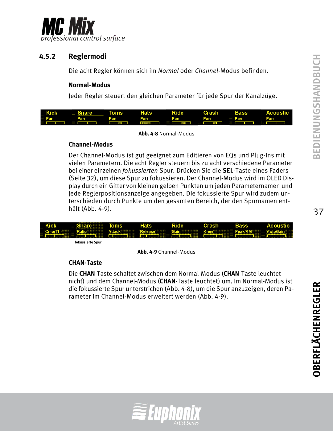 Euphonix MC Mix manual Reglermodi, Normal-Modus, Channel-Modus, CHAN-Taste 