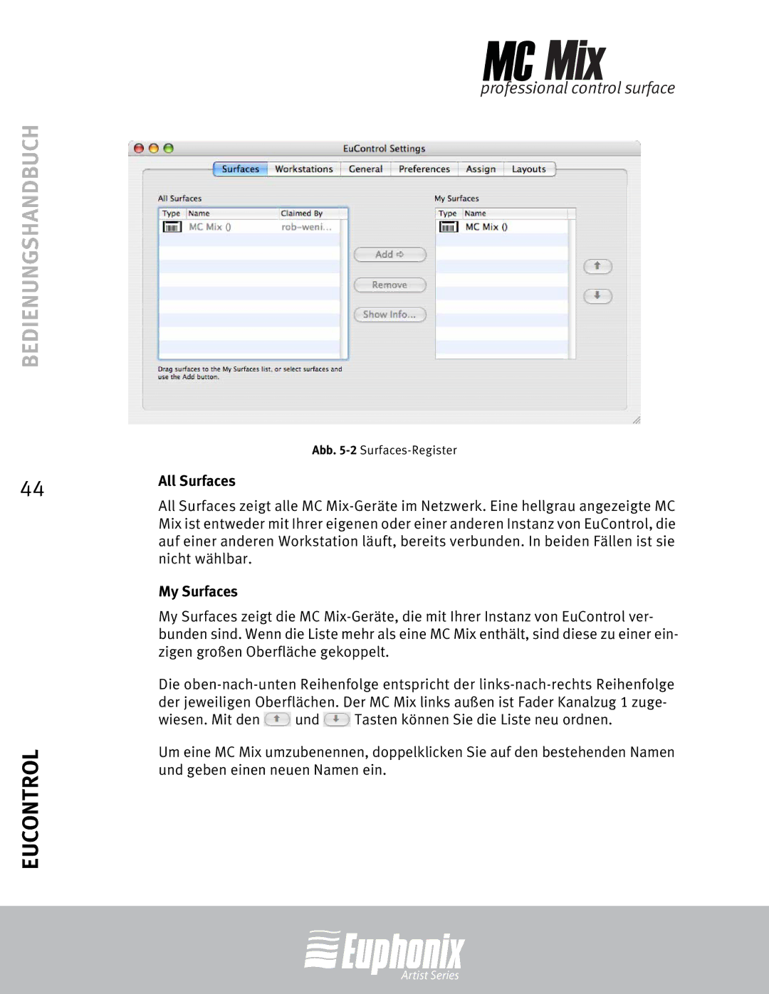 Euphonix MC Mix manual All Surfaces, My Surfaces 