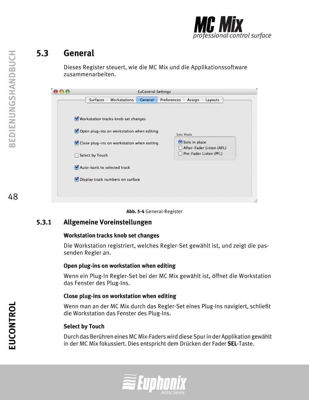 Euphonix MC Mix manual General, Allgemeine Voreinstellungen 