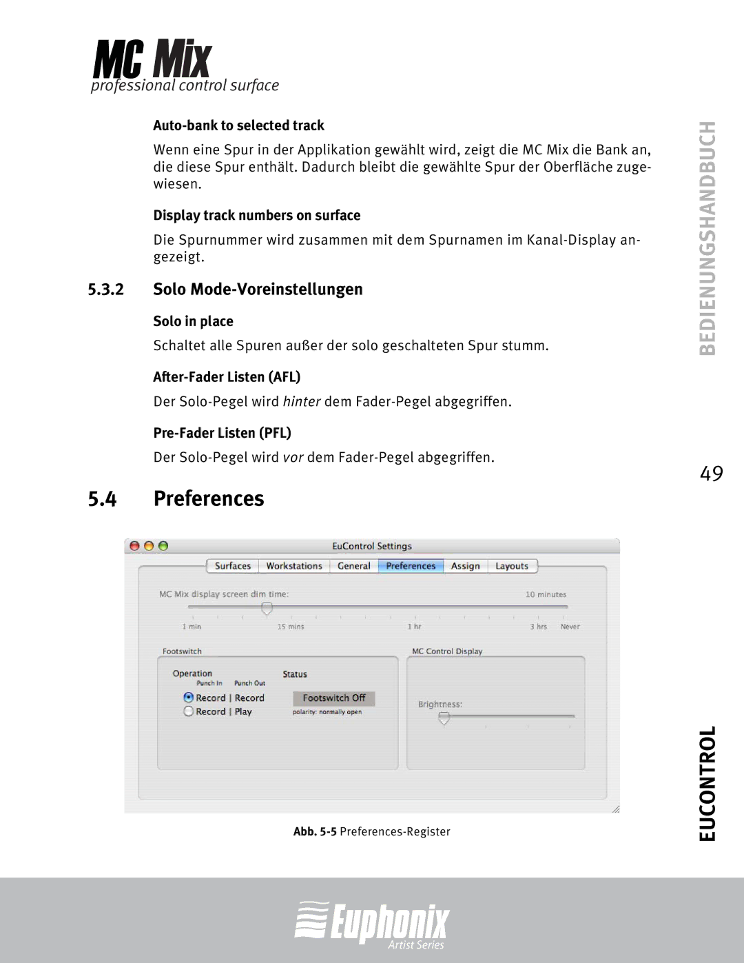 Euphonix MC Mix manual Preferences, Solo Mode-Voreinstellungen 