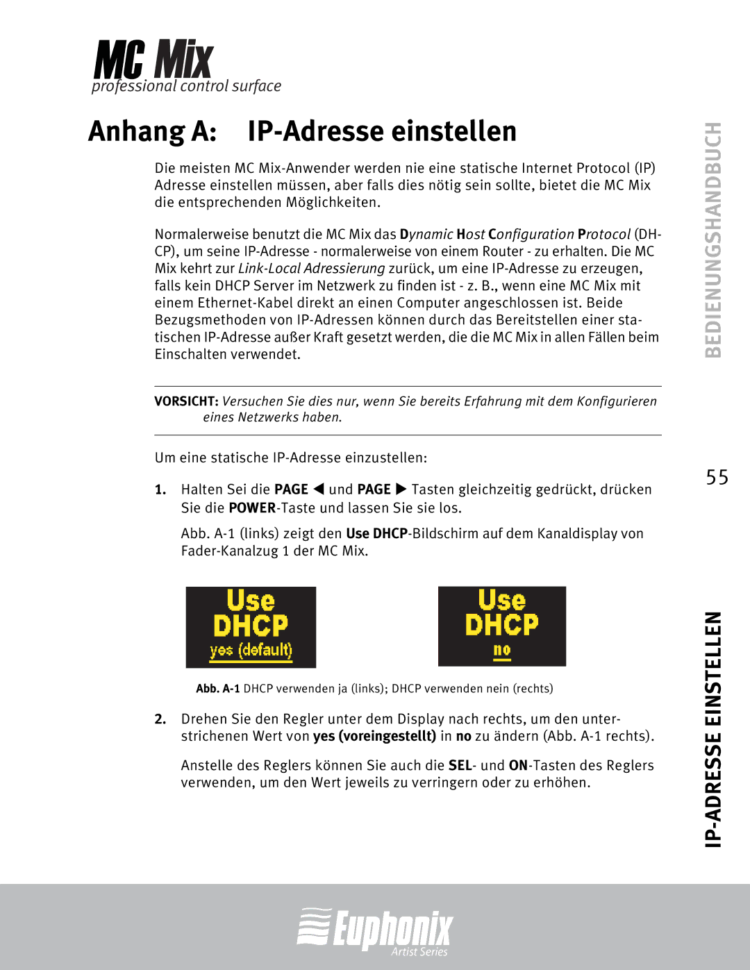 Euphonix MC Mix manual Anhang a IP-Adresse einstellen 