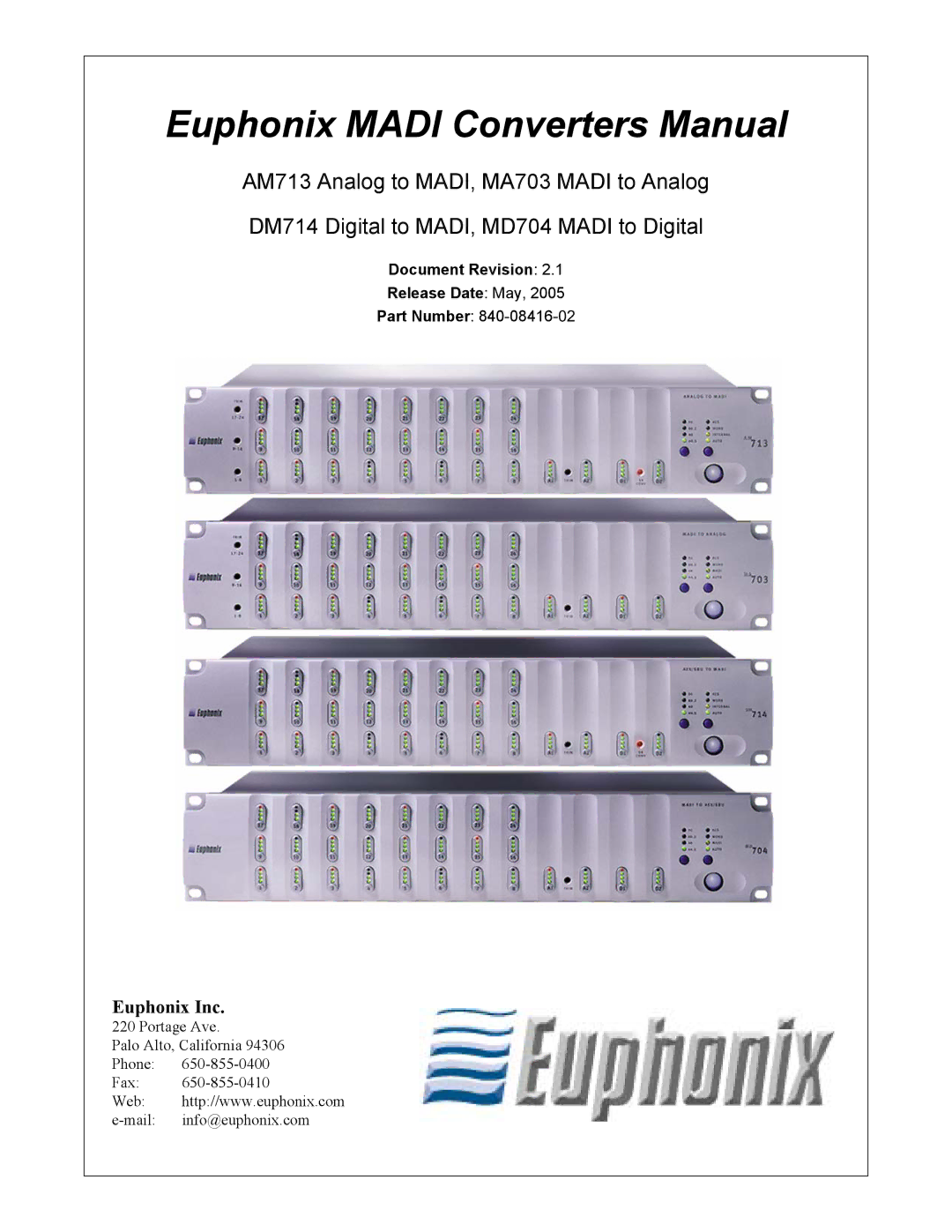 Euphonix AM713, MD704, DM714, MA703 manual Euphonix Madi Converters Manual 