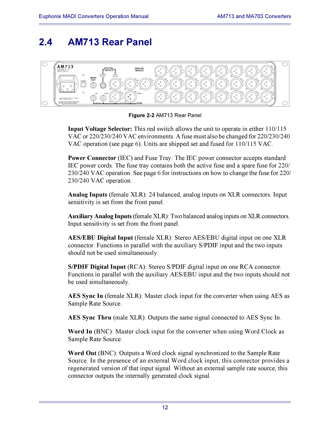 Euphonix MD704, DM714, MA703 manual 2AM713 Rear Panel 