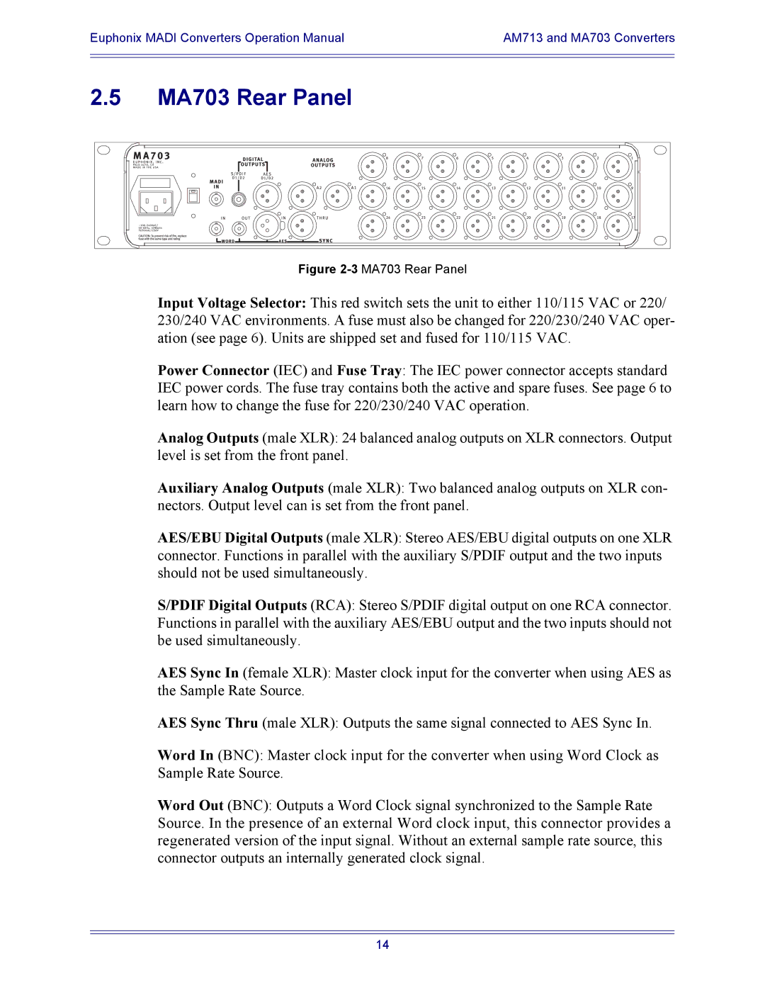 Euphonix DM714, MD704, AM713 manual 3MA703 Rear Panel 