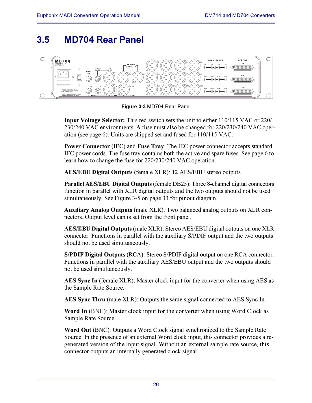 Euphonix DM714, AM713, MA703 manual 3MD704 Rear Panel 