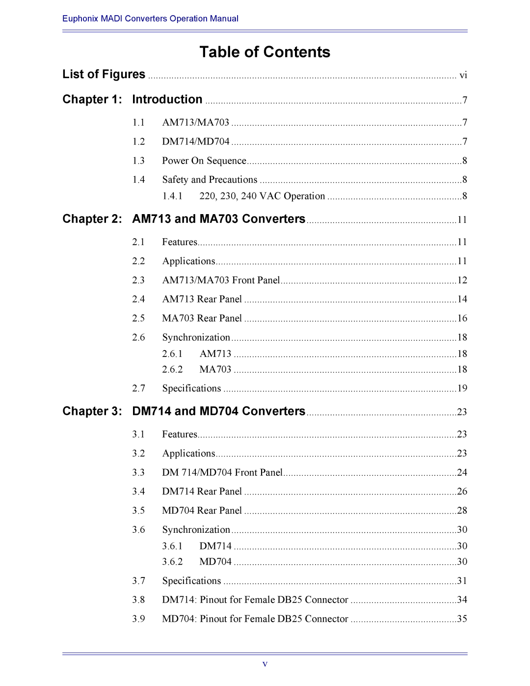 Euphonix MA703, MD704, AM713, DM714 manual Table of Contents 