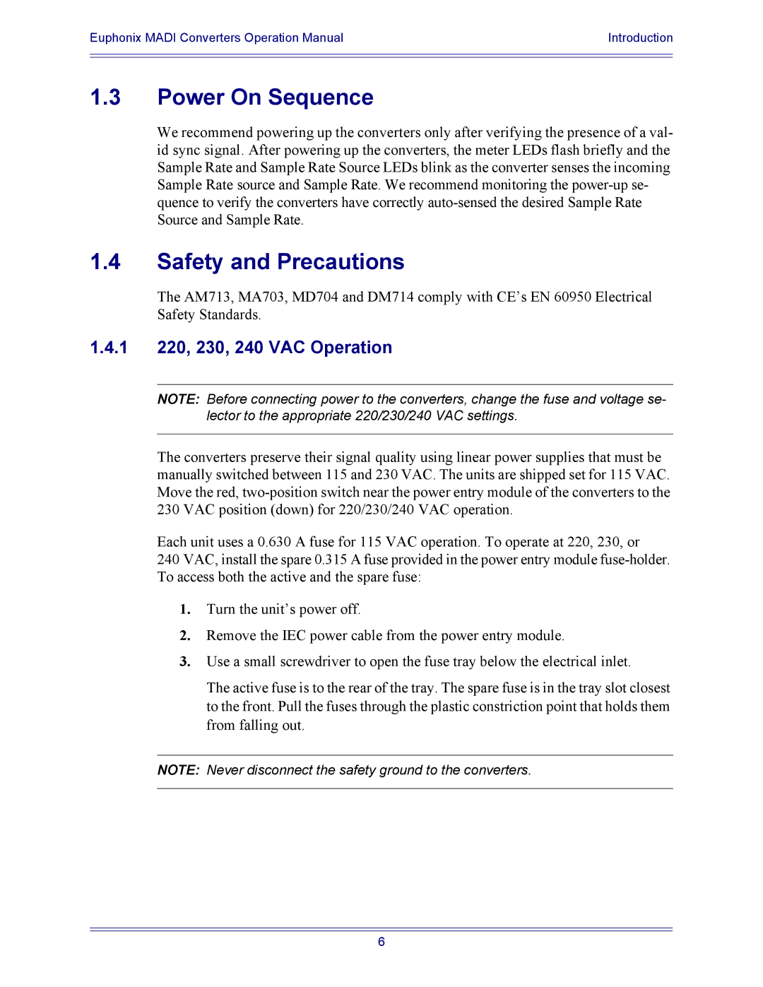 Euphonix DM714, MD704, AM713, MA703 manual Power On Sequence, Safety and Precautions 