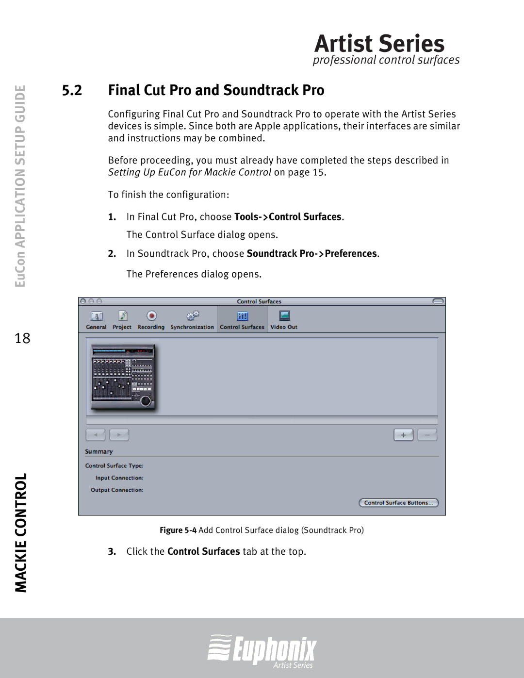 Euphonix MC Mix, MC Control setup guide Final Cut Pro and Soundtrack Pro, 4Add Control Surface dialog Soundtrack Pro 