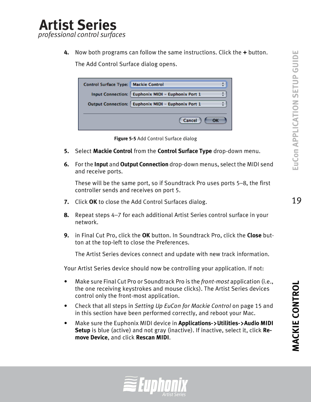 Euphonix MC Control, MC Mix, Professional Control Surface setup guide 5Add Control Surface dialog 