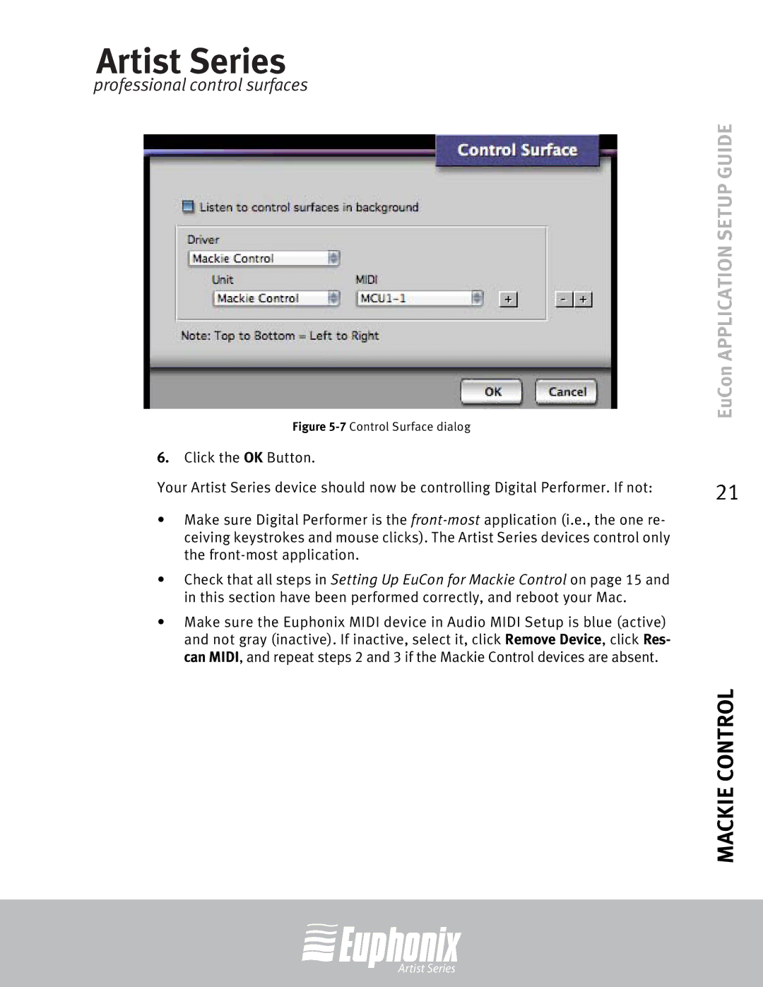 Euphonix MC Mix, MC Control, Professional Control Surface setup guide 7Control Surface dialog 