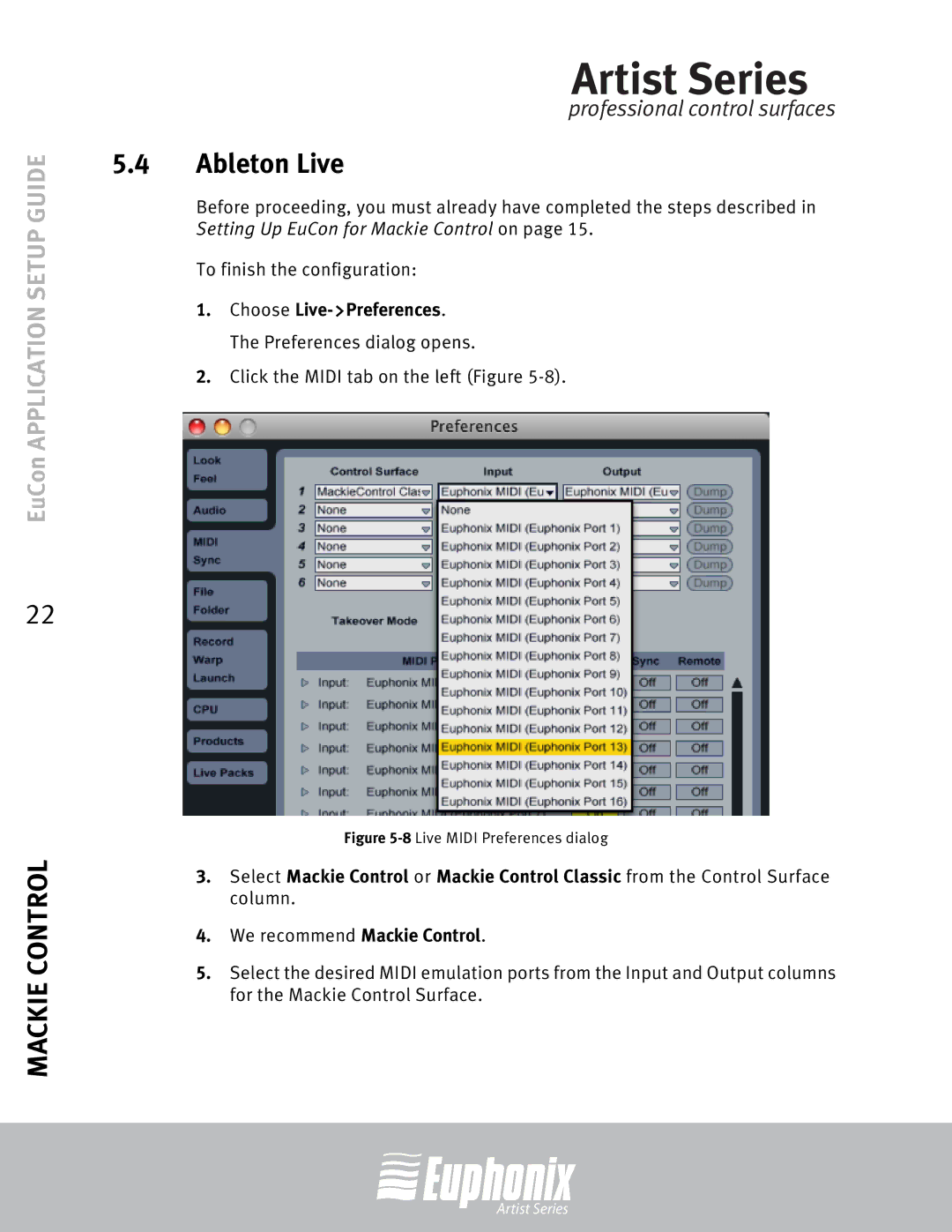 Euphonix MC Control, MC Mix, Professional Control Surface setup guide Ableton Live, 8Live Midi Preferences dialog 