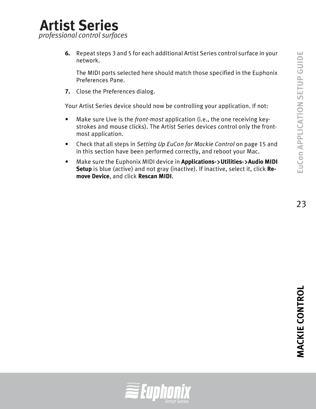 Euphonix Professional Control Surface, MC Mix, MC Control setup guide Artist Series 