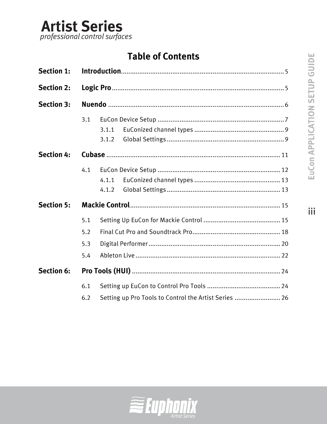 Euphonix MC Mix, MC Control, Professional Control Surface setup guide Table of Contents 