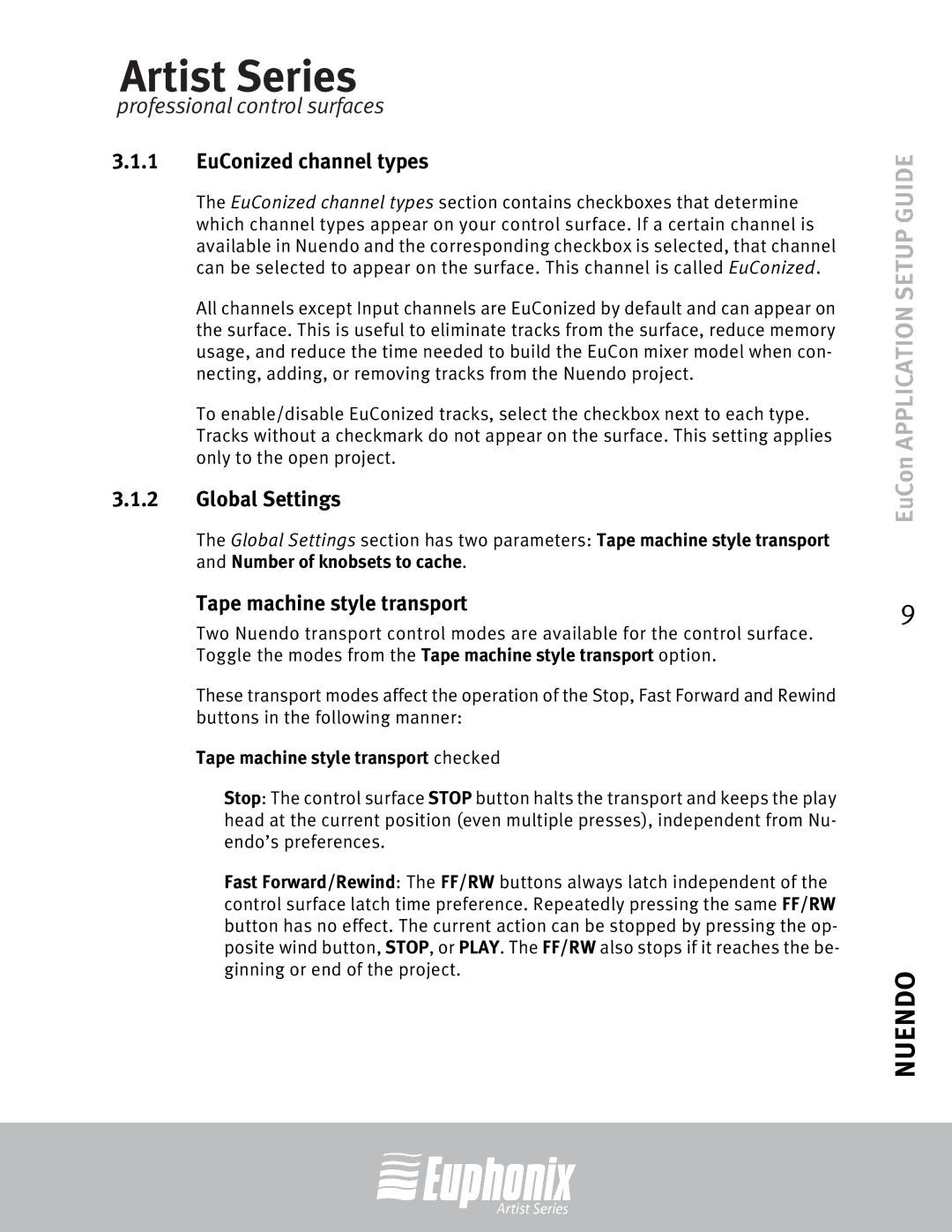 Euphonix MC Mix, MC Control, Professional Control Surface setup guide EuConized channel types 