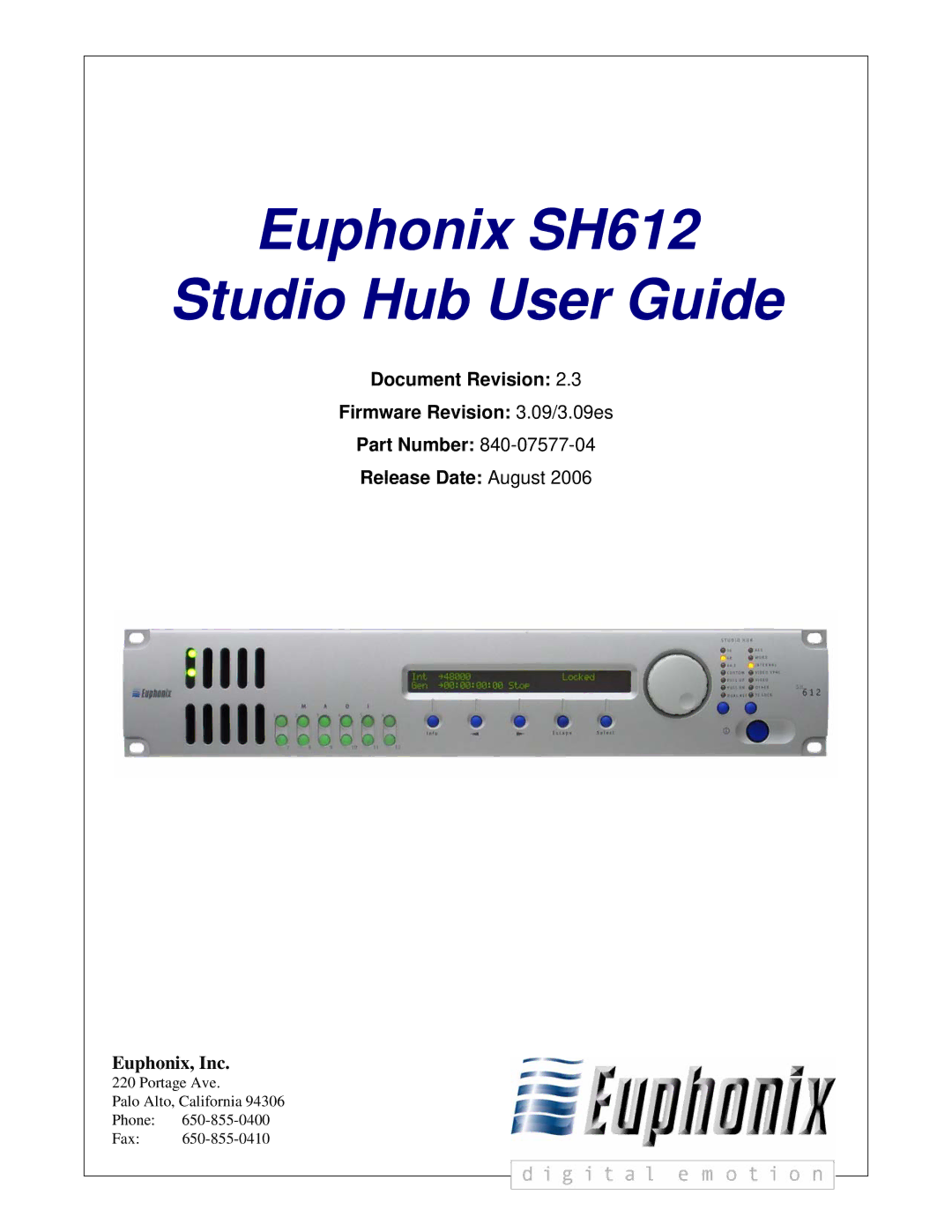 Euphonix manual Euphonix SH612 Studio Hub User Guide, Euphonix, Inc 