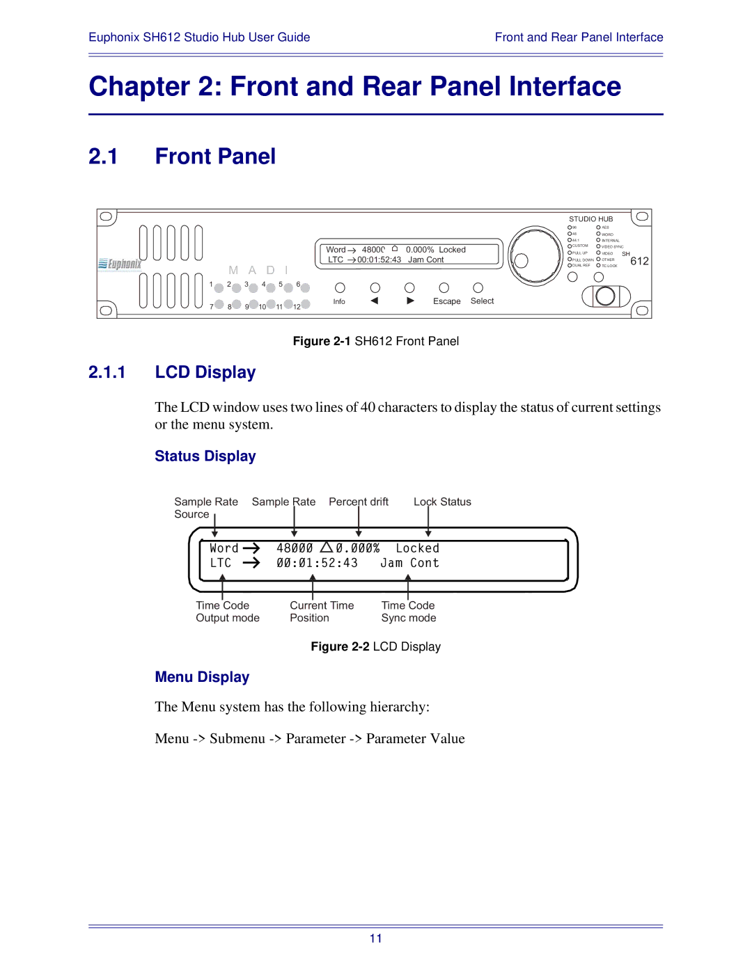 Euphonix SH612 manual Front Panel, LCD Display, Status Display, Menu Display 