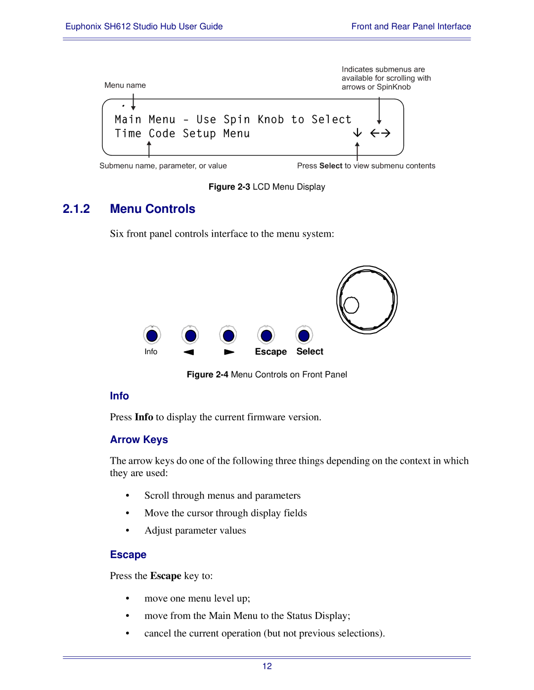 Euphonix SH612 manual Menu Controls, Info, Arrow Keys, Escape 