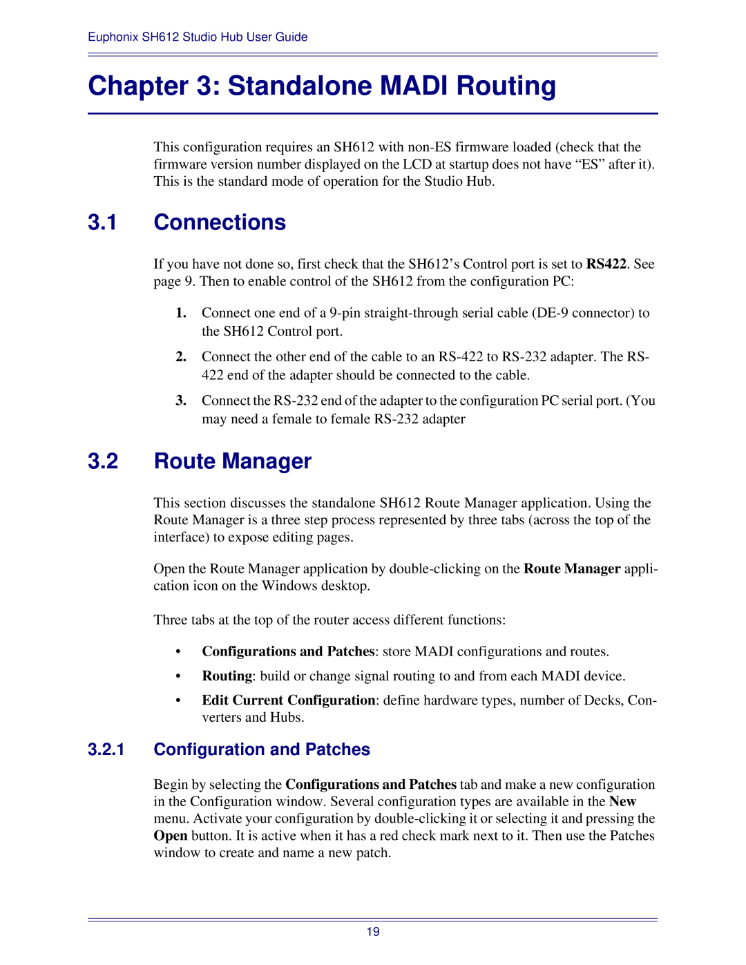 Euphonix SH612 manual Connections, Route Manager, Configuration and Patches 