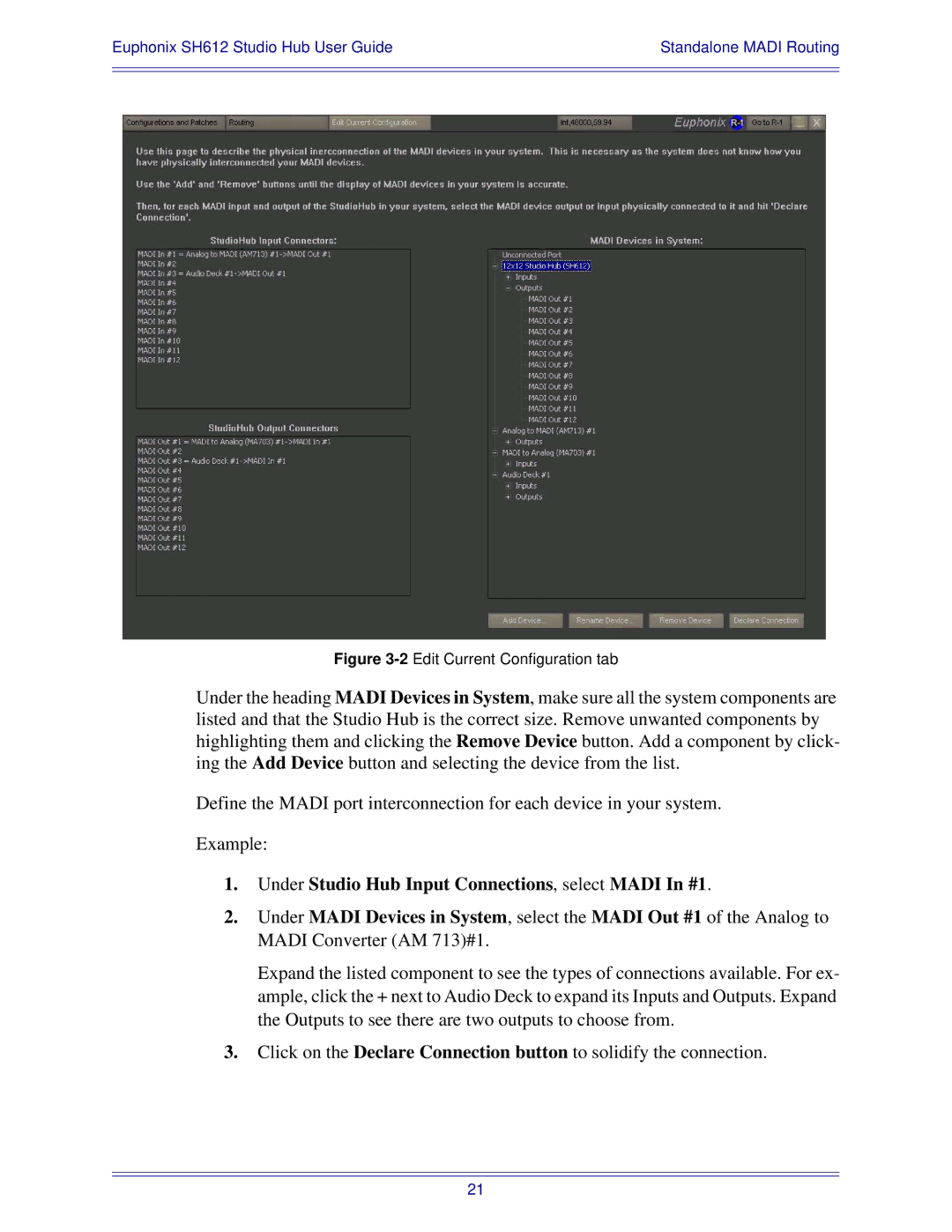 Euphonix SH612 manual Under Studio Hub Input Connections, select Madi In #1, 2Edit Current Configuration tab 