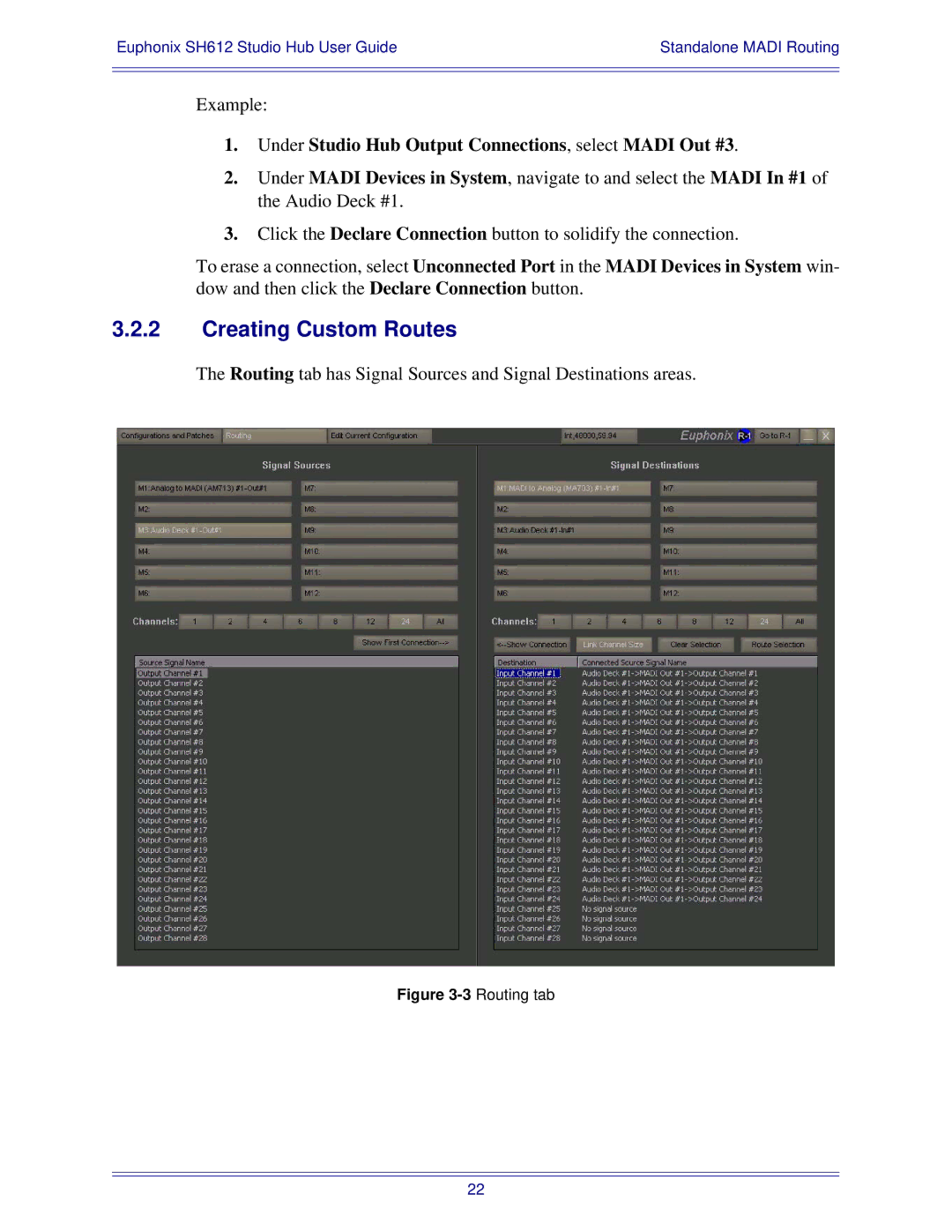 Euphonix SH612 manual Creating Custom Routes, Under Studio Hub Output Connections, select Madi Out #3 