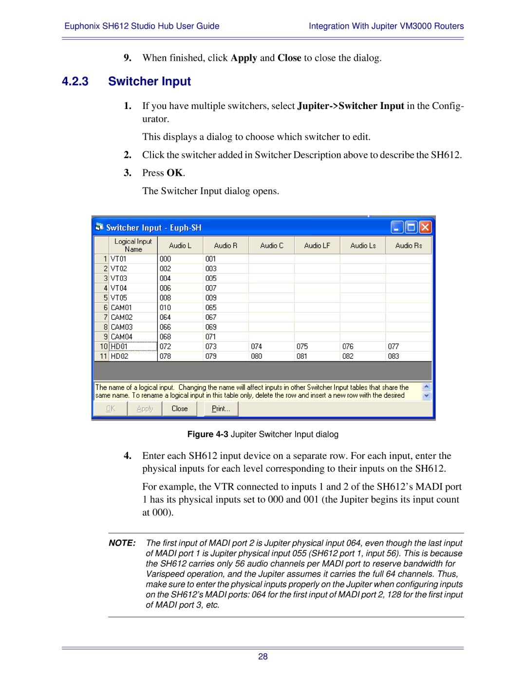Euphonix SH612 manual 3Jupiter Switcher Input dialog 