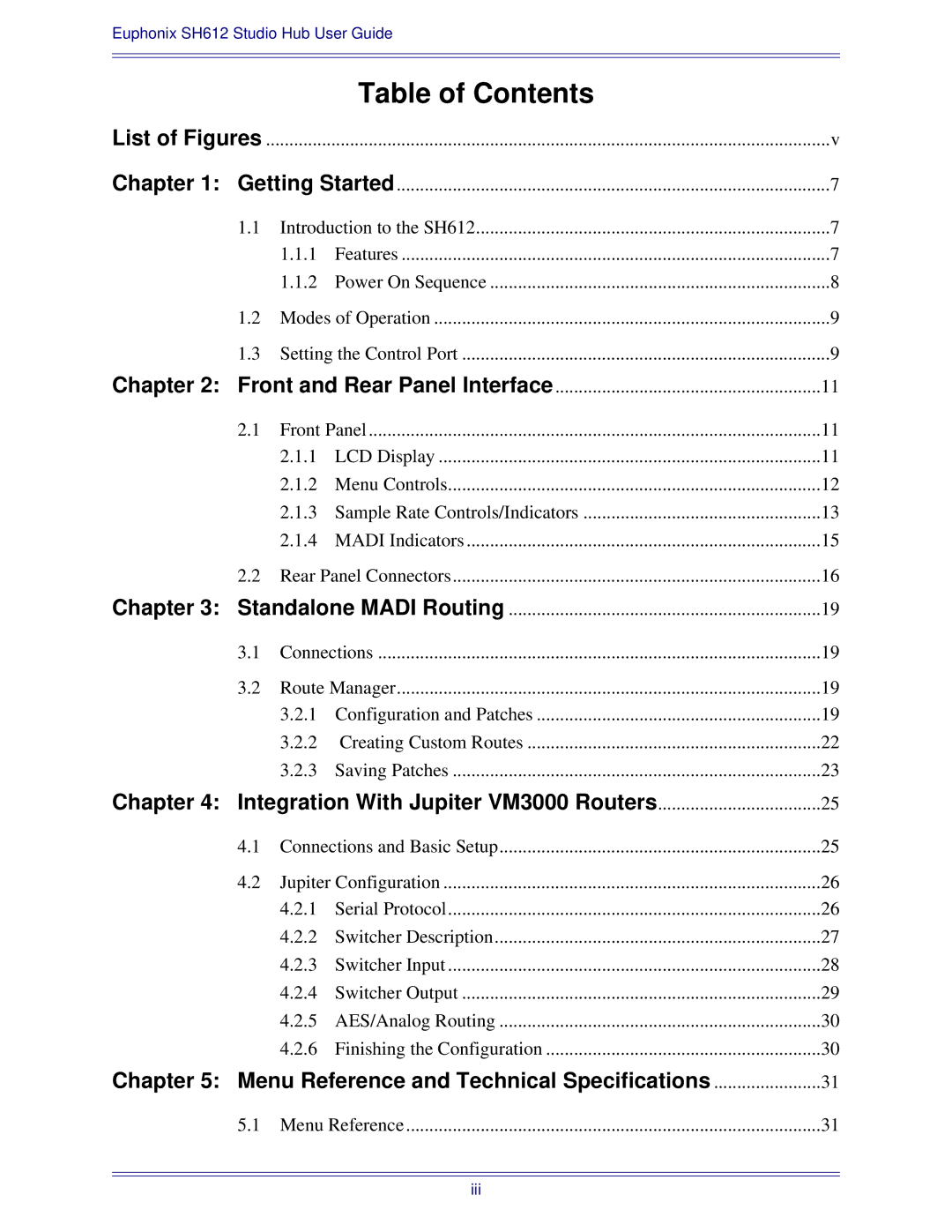 Euphonix SH612 manual Table of Contents 