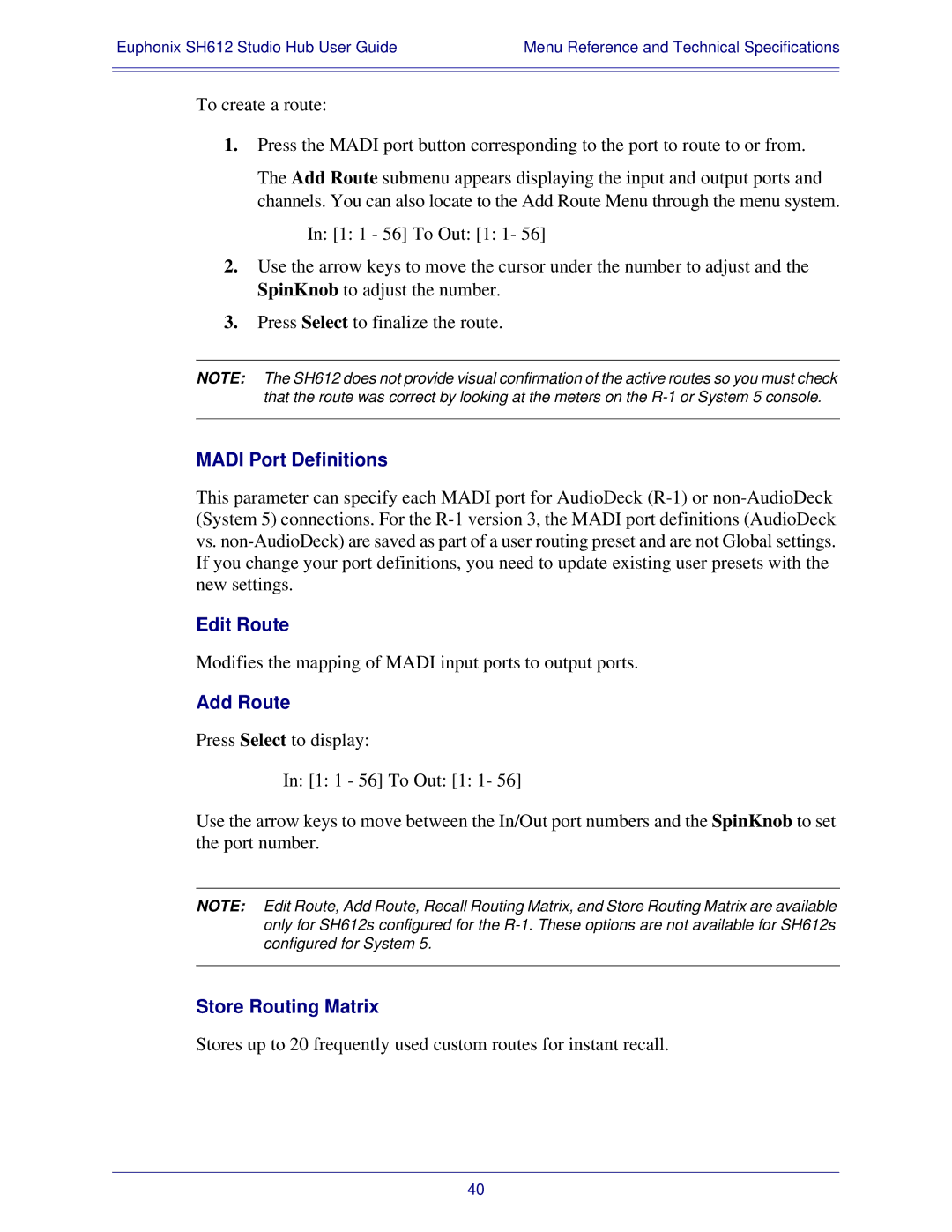 Euphonix SH612 manual Madi Port Definitions, Edit Route, Add Route, Store Routing Matrix 