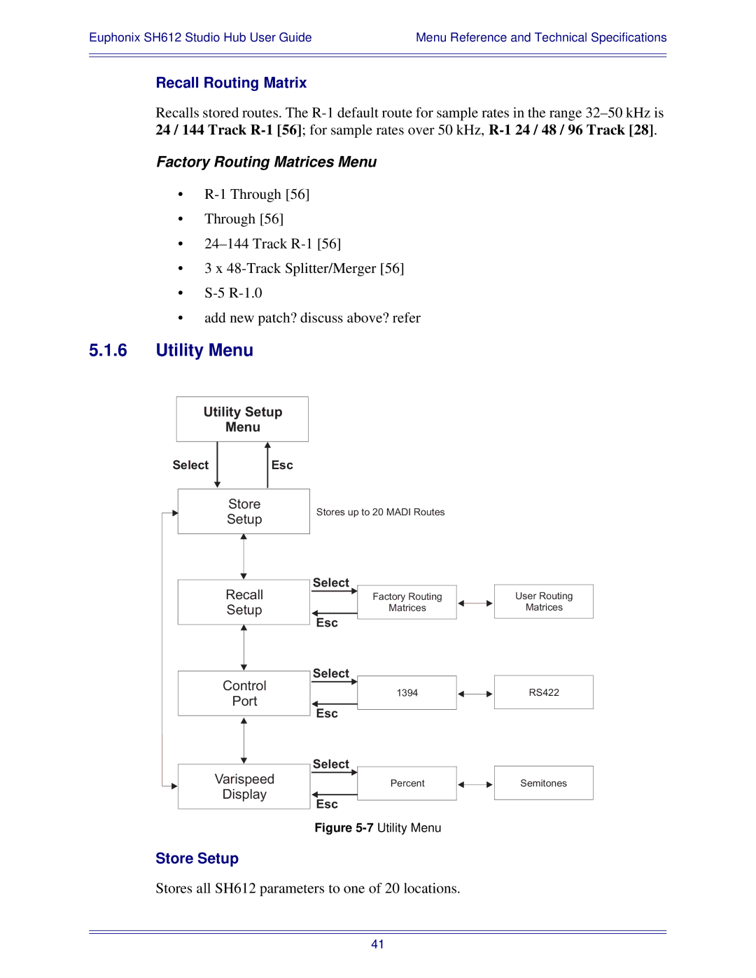 Euphonix SH612 manual Utility Menu, Recall Routing Matrix, Store Setup 