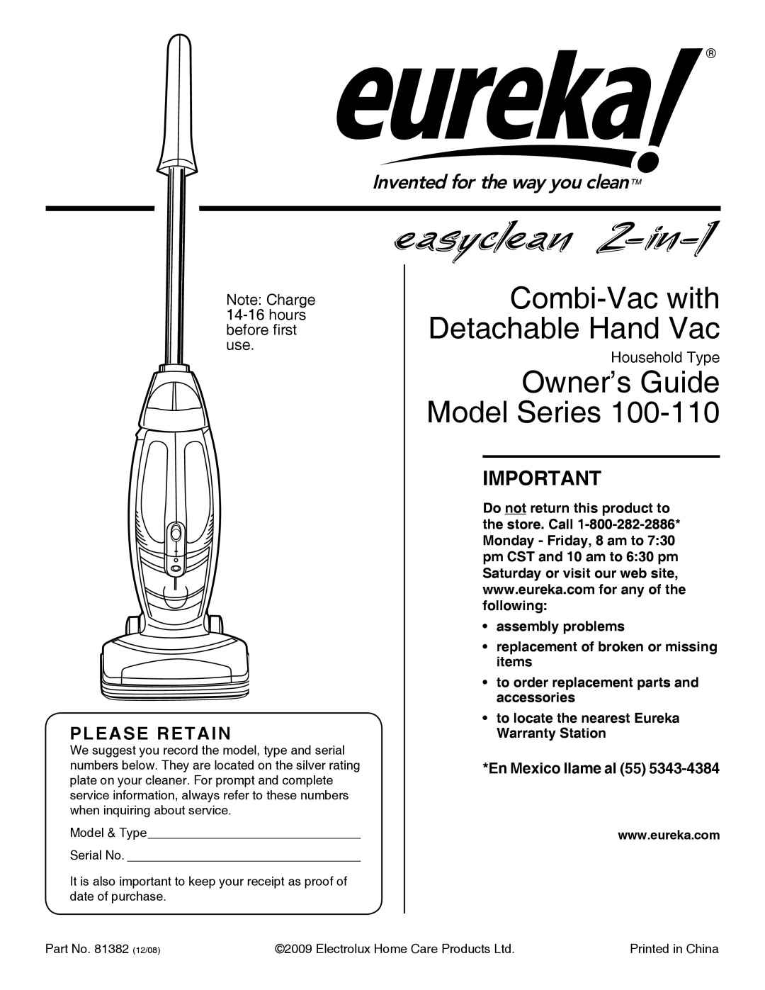 Eureka 100-110 warranty Combi-Vac with Detachable Hand Vac 