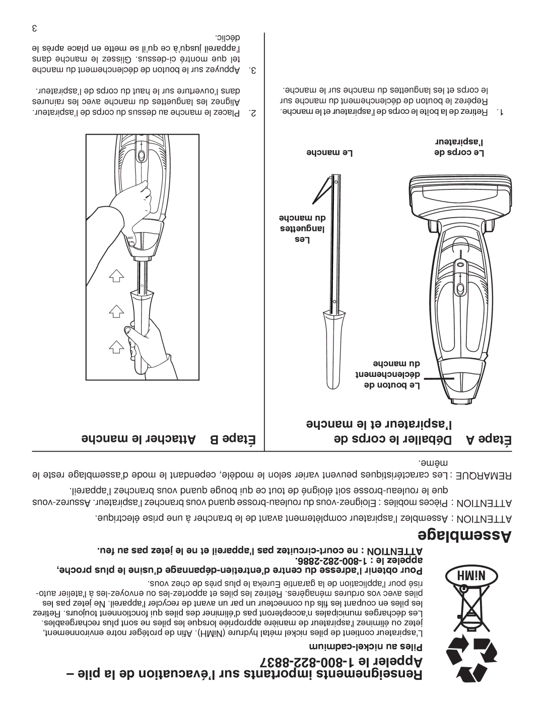 Eureka 100-110 warranty Assemblage, Manche le Attacher, Manche le et l’aspirateur De corps le Déballer 