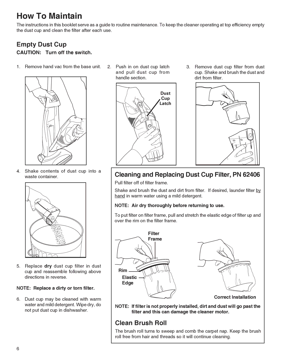 Eureka 100-110 warranty How To Maintain, Empty Dust Cup, Cleaning and Replacing Dust Cup Filter, PN, Clean Brush Roll 