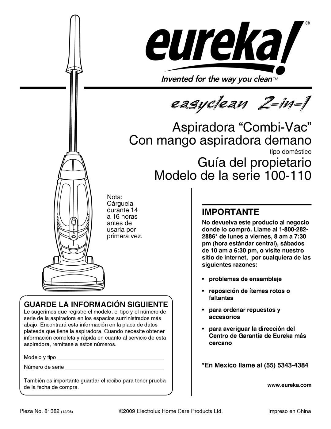 Eureka 100-110 warranty Aspiradora Combi-Vac Con mango aspiradora demano 