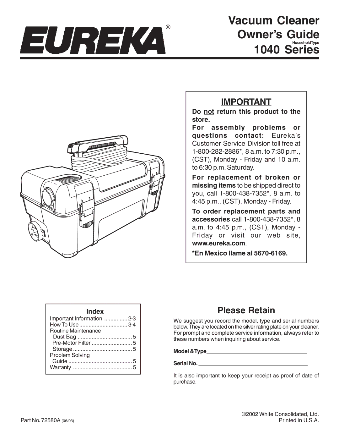 Eureka 1040 Series warranty Index, Do not return this product to the store, En Mexico llame al 