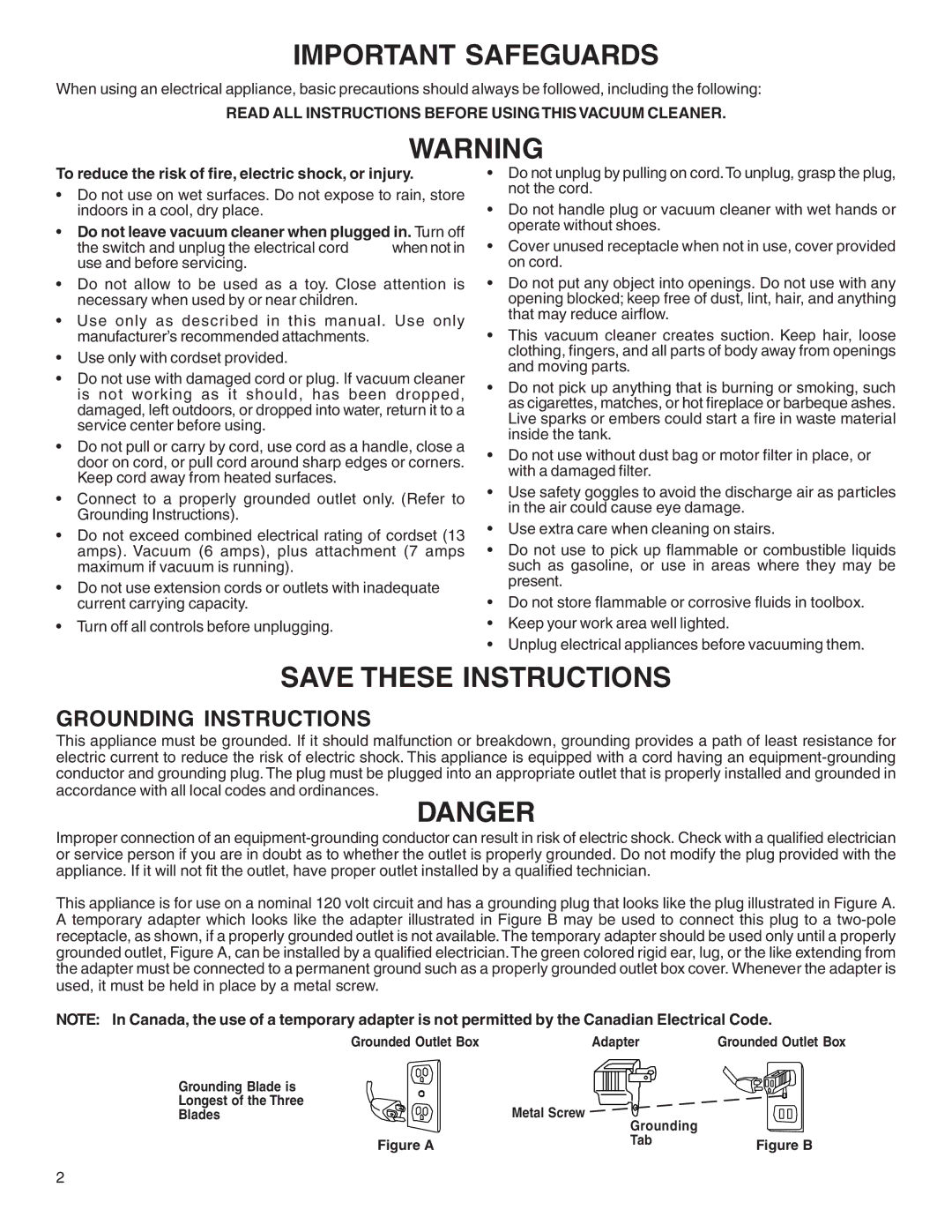 Eureka 1040 Series warranty Grounding Instructions, Read ALL Instructions Before Usingthis Vacuum Cleaner 